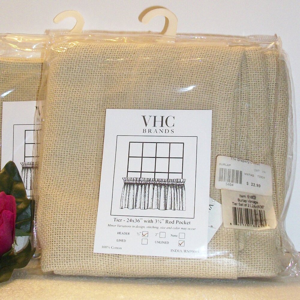 VHC Brands NEW Burlap Set of 2  Rod Pocket Tier Panels 24"x36" Window Curtains